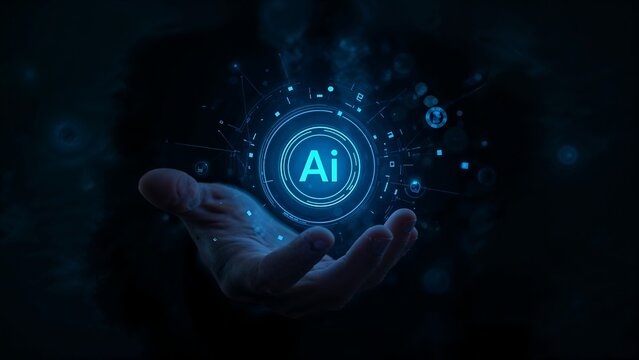 Human hand holding a blue glowing AI icon hologram, internet,web,map