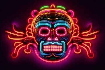 Neon colorful sugar skull glowing in the dark, celebrating dia de los muertos with vibrant colors and intricate details