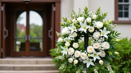 Floral wreath with white lilies and roses near entrance door   - Powered by Adobe
