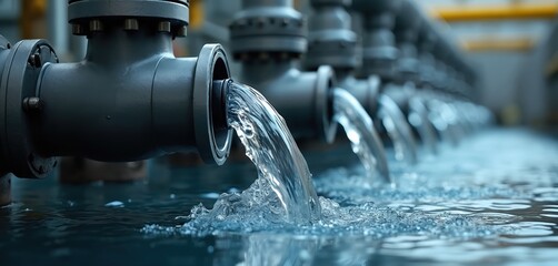 Industrial valves release clean water. Water stream flows from pipes into tank. Engineering, tech, fresh water supply. Process control, infrastructure. Water treatment, purification, safety,