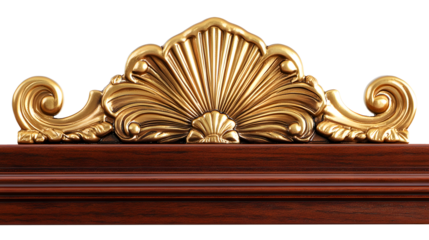 Decorative gold ornamental element with elegant swirls shell shaped design atop a rich brown wooden frame