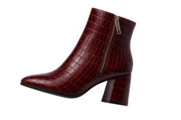Elegant maroon crocodile leather ankle boot isolated on transparent background