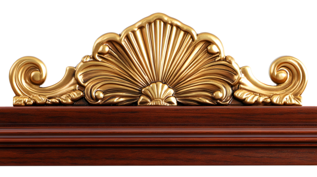 Decorative gold ornamental element with elegant swirls shell shaped design atop a rich brown wooden frame