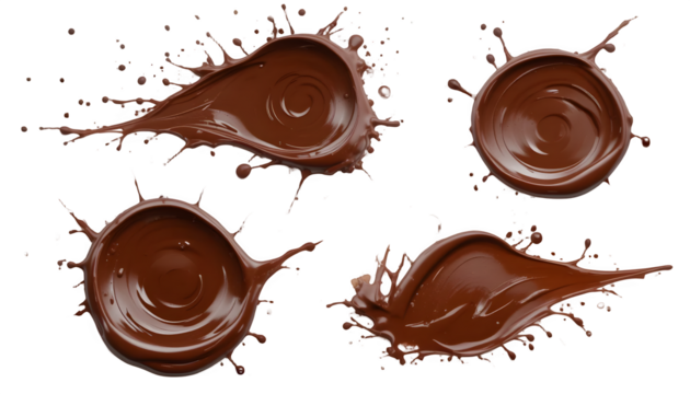 Delectable chocolate splashes on a transparent background create a tempting and visually appealing effect, perfect for food or dessert related projects.