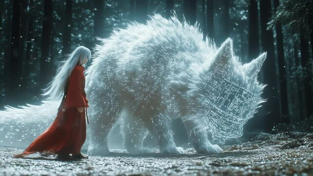 Redrobed figure walks alongside a large glowing whitefurred foxlike creature with circuit patterns in a forest