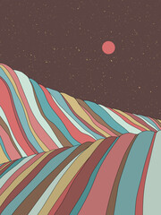 Fototapeta premium Geometric striped mountains. Wavy colorful landscape. 1960s retro poster