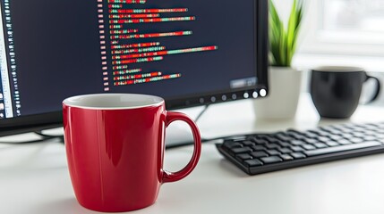 Red mug sits on desk with computer code 