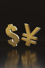 Dollar and yuan symbols isolated on black background. 3d illustration.