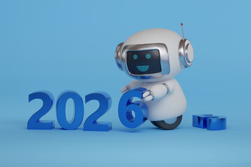 Year 2026 in three dimensions with cute robot on blue background. New year concept. 3d illustration.