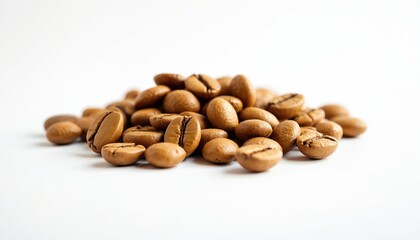 Obraz premium Pile roasted golden coffee beans on white background. Close-up macro shot showcases rich colors, textures, details. Natural ingredient, caffeine source. Breakfast aromatic drink.