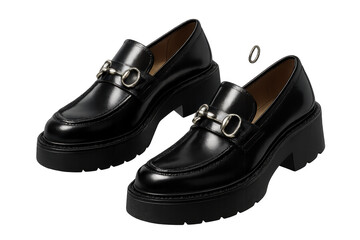 Elegant black leather platform loafers isolated on a transparent background.