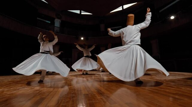 Whirling Dervishes Performing Sufi Dance in Mevlevi Lodge in Slow Motion