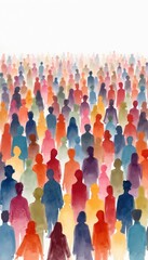 Watercolor illustration crowd people. Silhouettes multi-ethnic society, diverse group. Anonymous individuals, team together in creative art. Watercolor design, modern background, wallpaper concept.