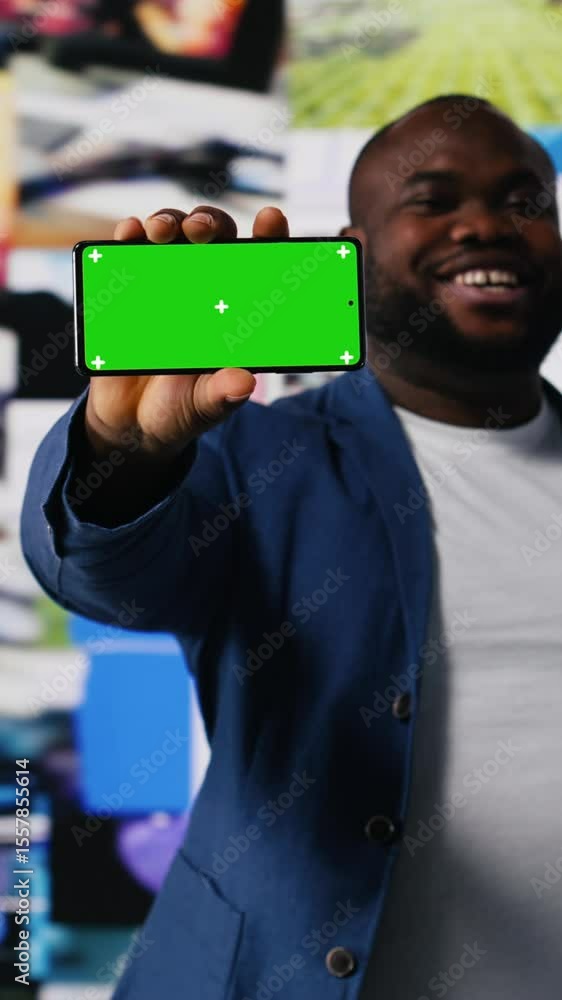 Poster vertical video social media environment with a person using copy space device, surrounded by tech vi