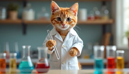 Cute cat student in lab coat holding test tube. Ginger tabby ready for science experiment in laboratory. Cartoonish adorable character, scientist doing research, biology study.