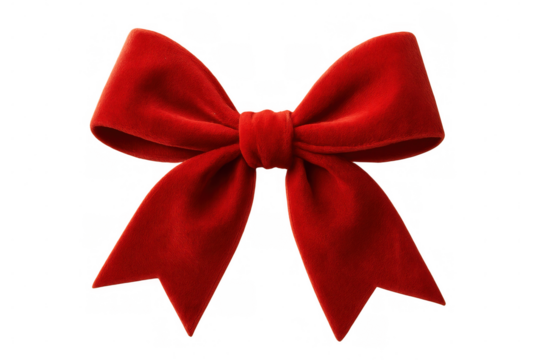 Red velvet bow adding a touch of elegance, isolated on a transparent background, perfect for festive designs