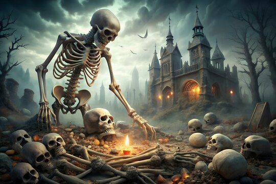 The skeleton of a dead warrior with severed legs tries to establish contact with the skulls of the same dead, gathered around a single burning candle, in the background - a castle and a moonlit night.