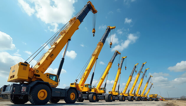 Mobile cranes with yellow telescopic arms operate against clear blue sky background with white clouds. Heavy duty construction machines on site. Industrial equipment used for lifting during building