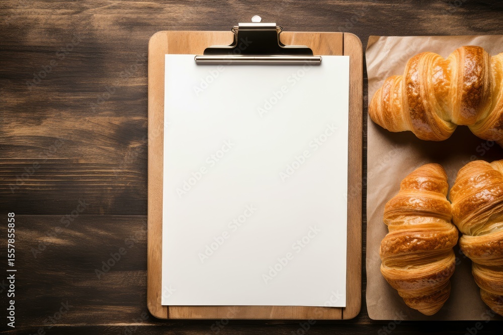 Poster empty clipboard with blank paper and delicious croissants on wooden table, perfect for displaying yo