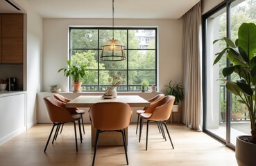 Fototapeta premium Modern dining room interior with light wood table, stylish orange chairs, large windows. Bright home interior decor with green plants, contemporary design, luxury home, apartment decor. Residential