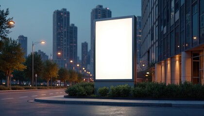Obraz premium Empty digital billboard in urban area during evening. Blank screen for advertising mockup and creative content. Billboard with ample copy space. Night city landscape. Digital display on city street.