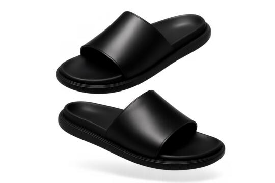 Elegant black leather slide sandals isolated on transparent background, footwear