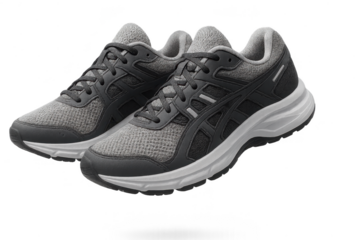 Pair of grey and black running shoes isolated on transparent background for design