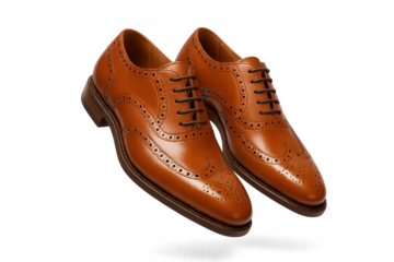 Elegant brown leather Oxford shoes isolated on transparent background, footwear
