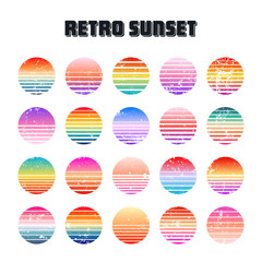 Grunge vintage colorful sunset. Striped gradient sunrise badges in 80s and 90s style. Sun and ocean view, summer vibes, surfing. Design element for print, logo or t-shirt. Vector illustration