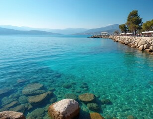 Fototapeta premium Picturesque view of Saronic Gulf waters, Poros island at background. Beautiful seascape of Methana resort town embankment in Peloponnese, Greece. Sunny summer day. Clear turquoise water. Calm sea,