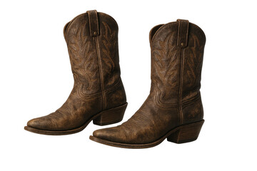 Pair of brown leather cowboy boots isolated on transparent background, worn look