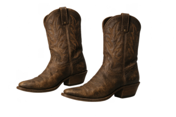 Pair of brown leather cowboy boots isolated on transparent background, worn look
