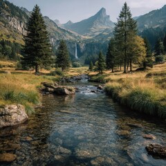 Obraz premium Scenic mountain landscape featuring a stream, waterfall, and trees