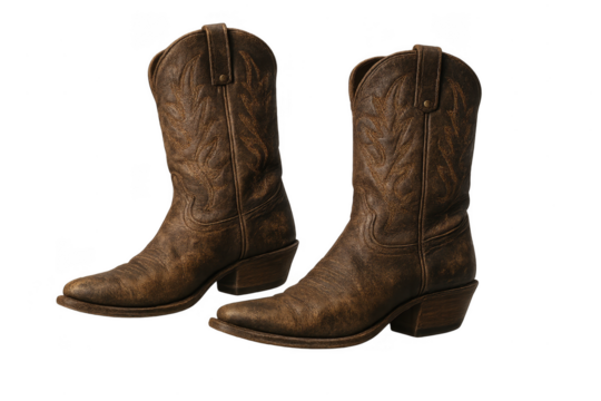 Pair of brown leather cowboy boots isolated on transparent background, worn look