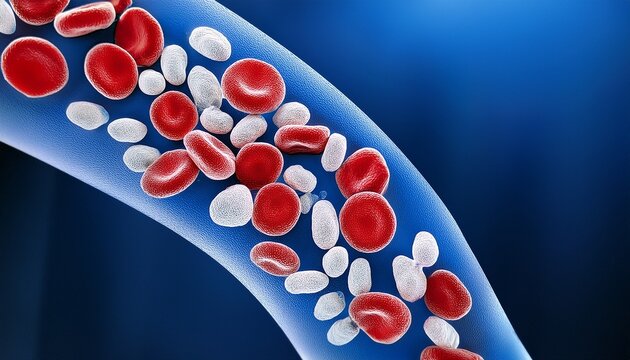 microscopic view of red and white blood cells flowing in a vein symbolizing hematology and health on a deep blue background