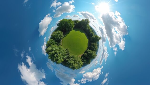 Tiny planet view with green grass field and trees in blue sky with clouds. Aerial 360 spherical panorama. Nature, eco-friendly, planet Earth, globe and environmental concepts. Abstract art. - Powered by Adobe