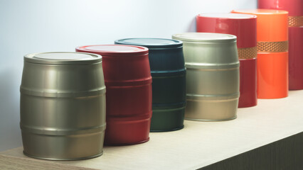 Plastic colorful jars for liquid packaging, packaging delivery concept background