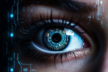 Close up of woman eye with futuristic digital circuit, demonstrating advanced technology and data analysis