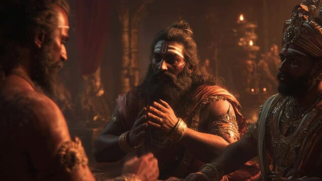 Photorealistic depiction of Sage Vishwamitra granting power, surrounded by an aura of reverence and mysticism. Inspired by ancient Indian epics, showcasing divine wisdom and spiritual authority.