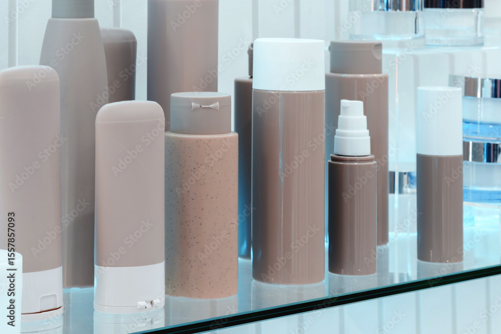 Poster shelf with many different types of bottles and containers. some are clear and some are brown. there 