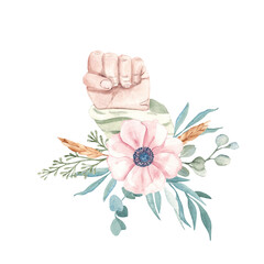 Baby shower composition. Newborn Baby Hand, Child Fist with anemone flower bouquet isolated on a white background. For Gender Party, its a girl Cards and Invitations.