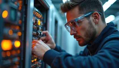 Electrical engineer does maintenance advanced tech lab. Man works with circuits, diagnostic equipment, cables, tools. Pro technician studies, works on hardware. Innovation, design, engineering study.