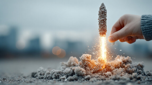 A glowing digital rocket launches upward from a futuristic hand, symbolizing innovation, startup energy, and forward momentum with tech-driven ambition on a blurred background.


