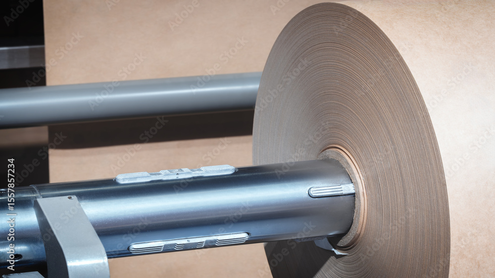 Poster machine with roll of brown kraft paper on it. machine is in factory. industrial food packaging conce