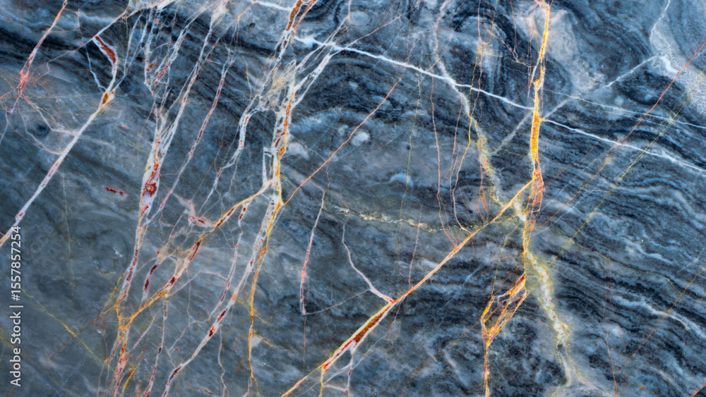 Poster Stone wall with a blue and gold pattern. stone is rough and has a lot of texture, abstract texture background for template pages and