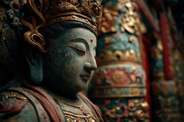 Serene, ornate statue of a deity, bathed in gentle light