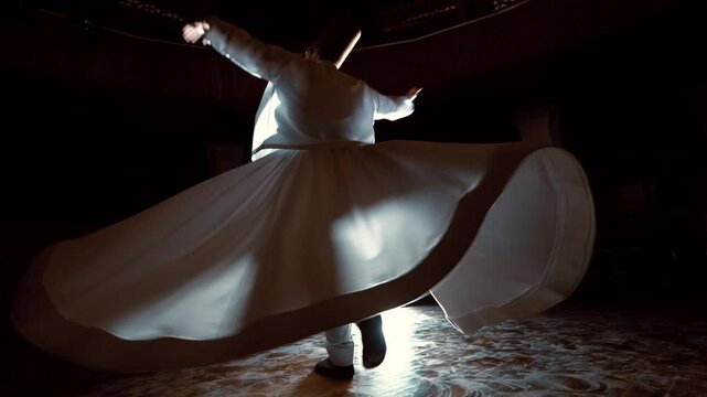 "Backlit Mevlevi Semazen in Spiritual Dance Performance"
