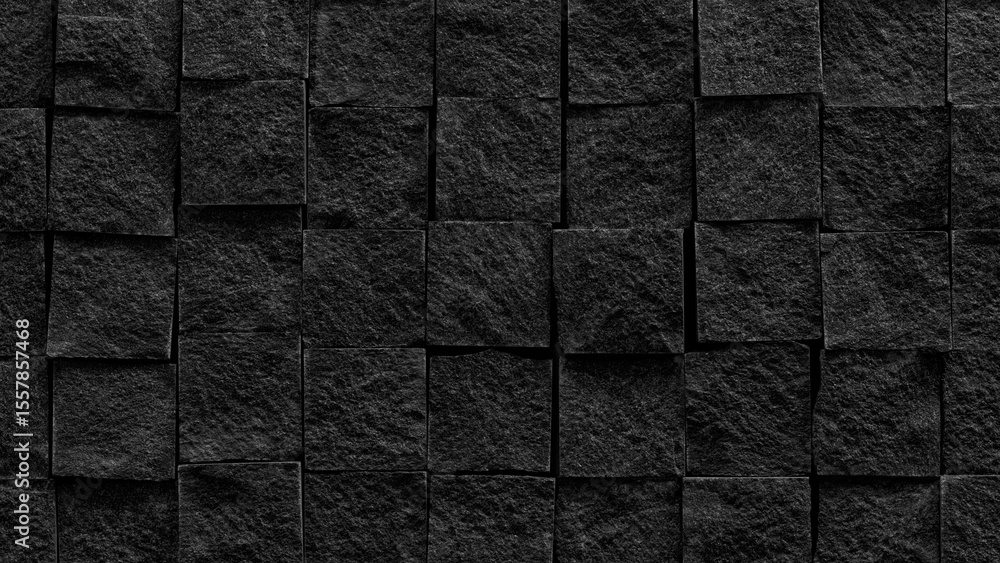 Poster black wall with black squares. squares are of different sizes. wall is made of stone, abstract textu