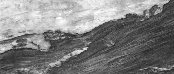 Black and white drawing of a rocky mountain. The mountain is covered in snow and has a rocky surface