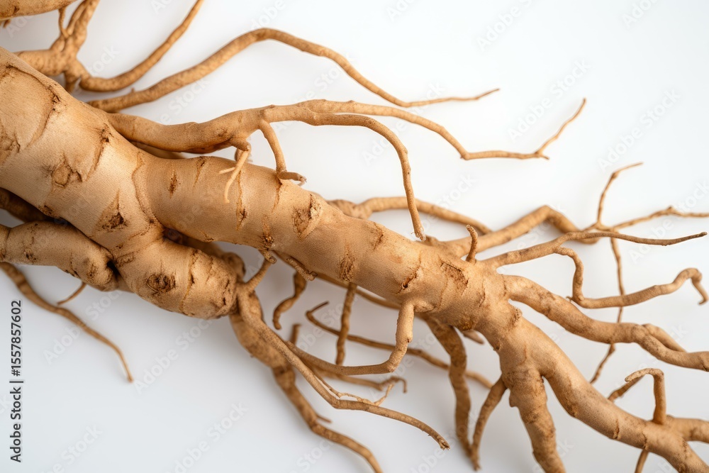 Poster close up of an ashwagandha root, highlighting its texture and intricate network of rootlets against 